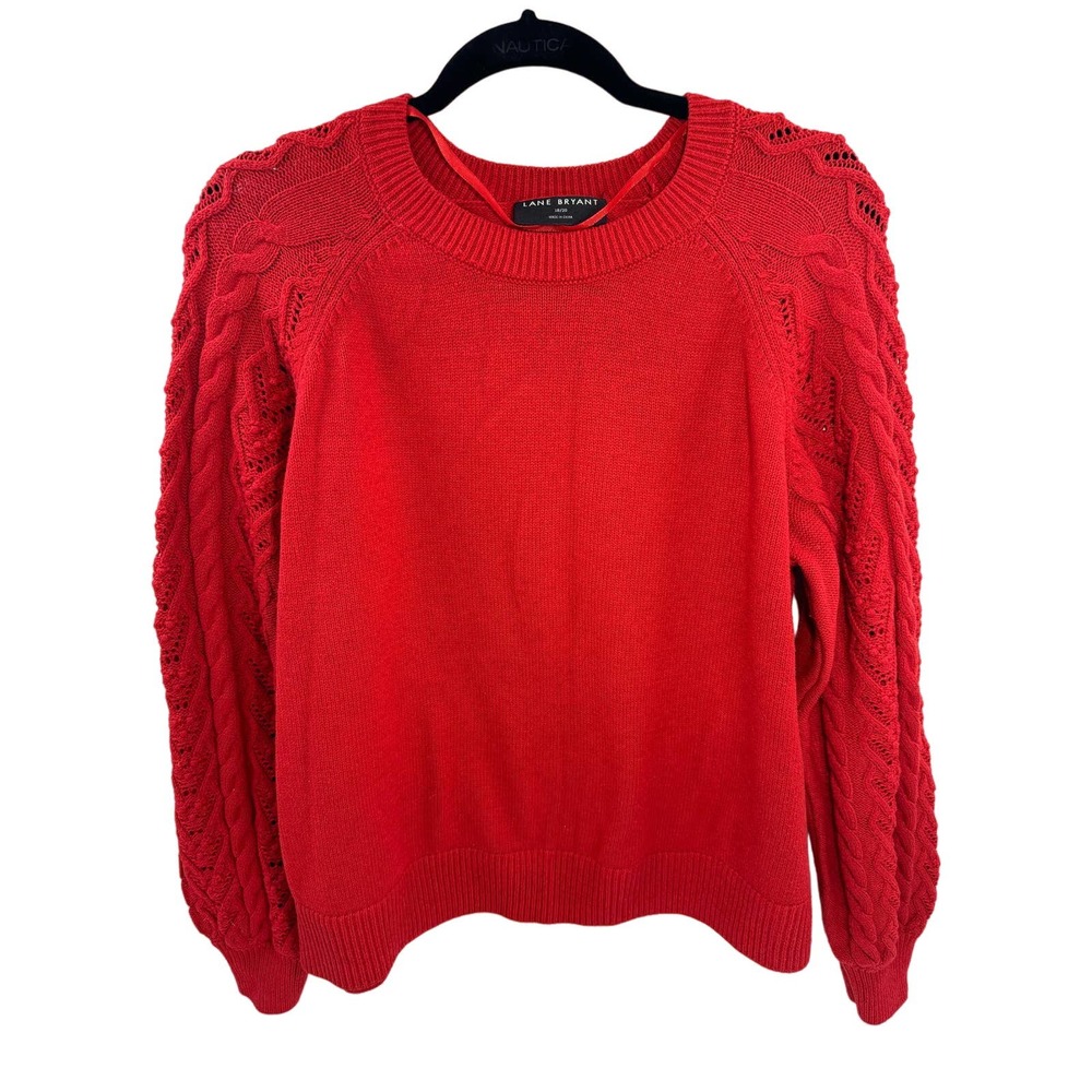 Lane Bryant Red Cable Knit Pointelle Sleeve Wool‎ Blend Sweater 18/20 Plus Size